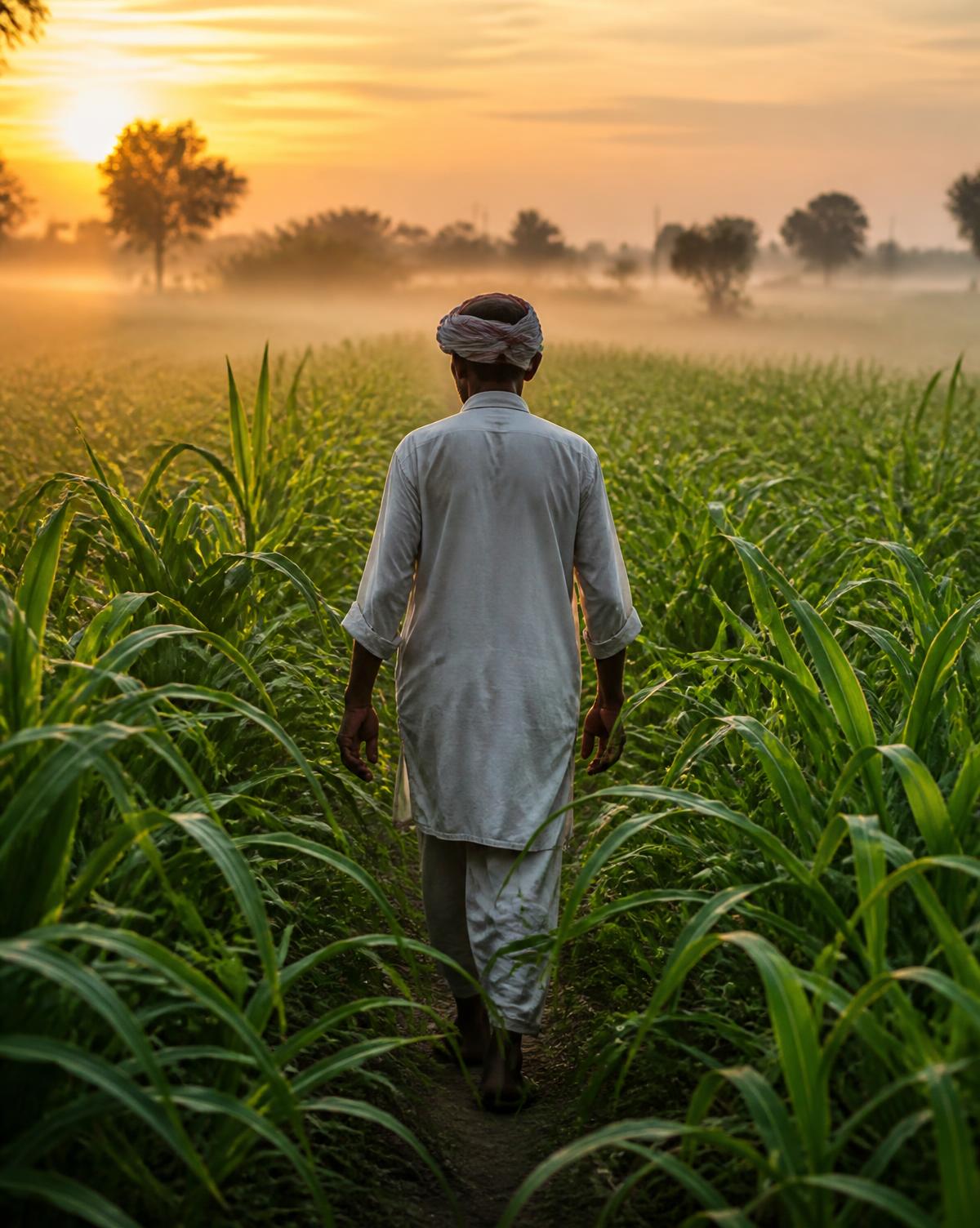 A farmer walking between rows of tall green crops at sunrise