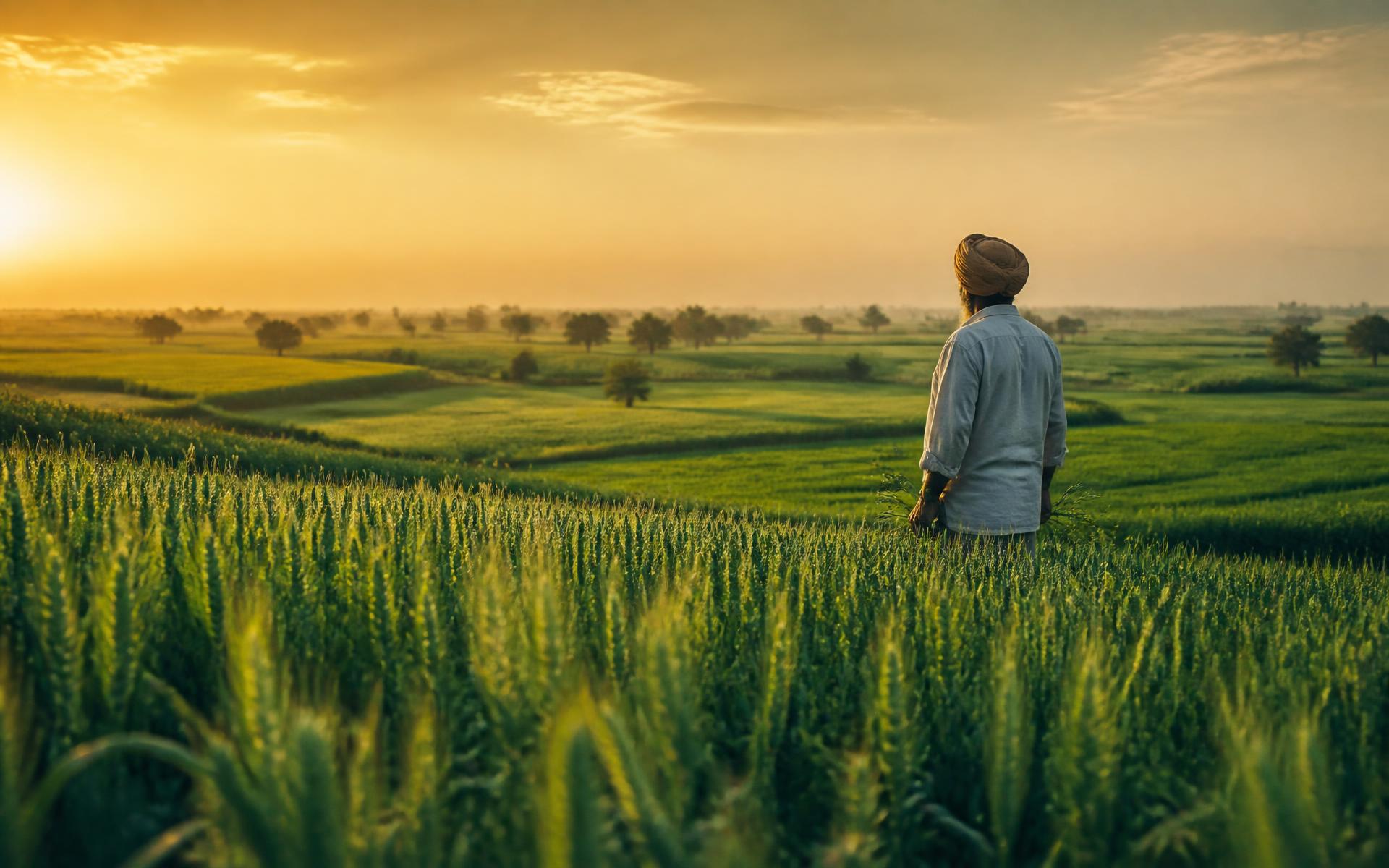 Sunrise over green agricultural fields