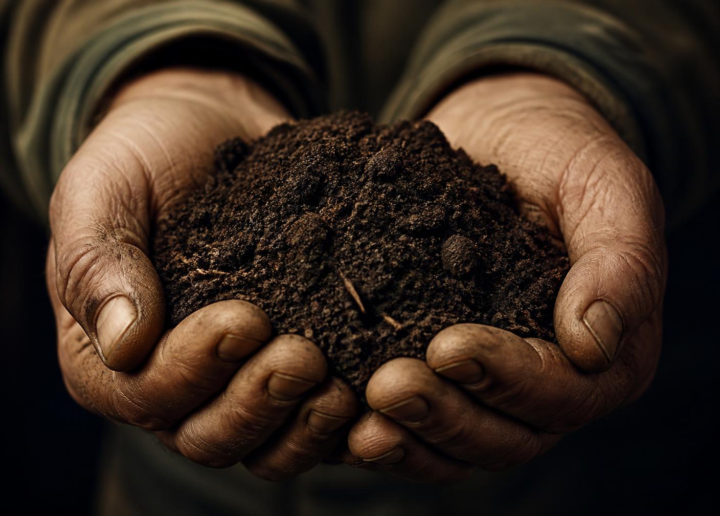 Farmer hands holding rich dark soil